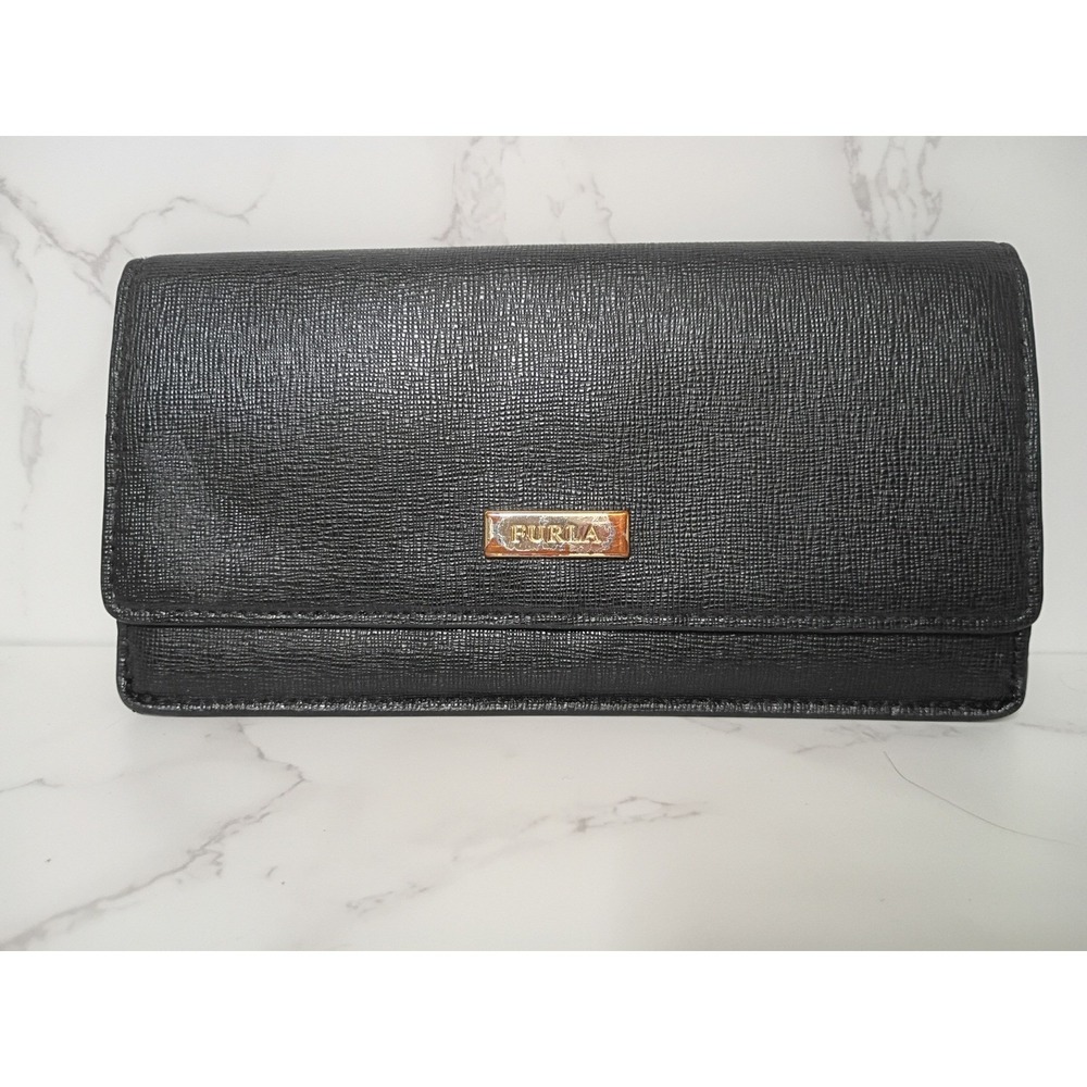 FURLA Vintage Black Saffiano Leather Continental Flap Long Wallet - EUC